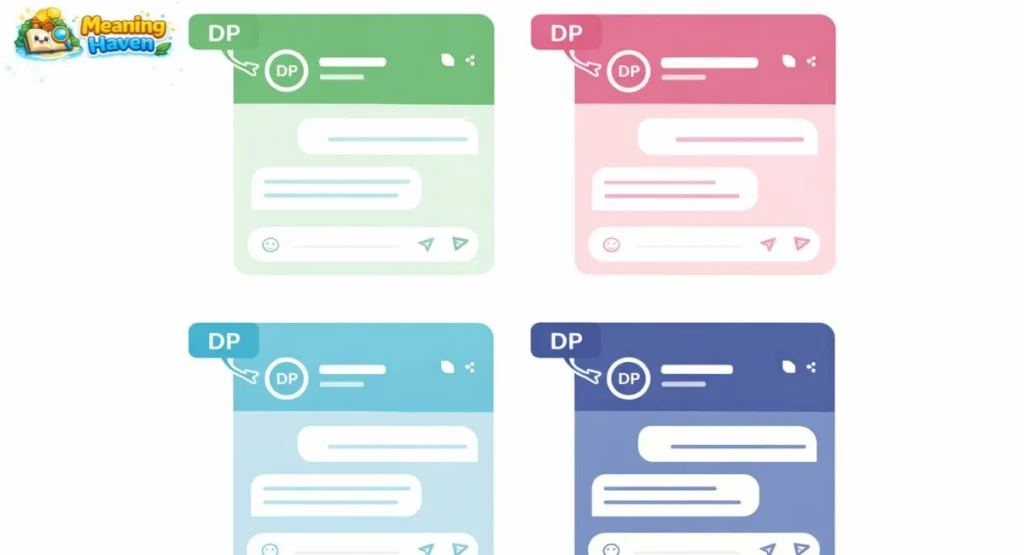 Four social media platform icons — WhatsApp, Instagram, Telegram, and Facebook — each showing a profile photo UI, demonstrating how DP is used across different apps
