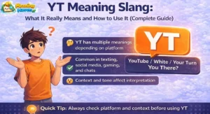 YT meaning slang infographic showing YouTube, TikTok, gaming, and texting usage with cartoon character”