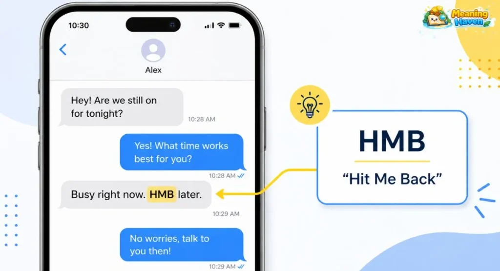 hmb meaning in text shown in a casual chat example
