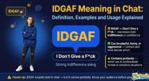 Confident teenage girl with arms crossed and speech bubble saying "IDGAF 💅" — illustrating the IDGAF meaning in chat as bold indifference