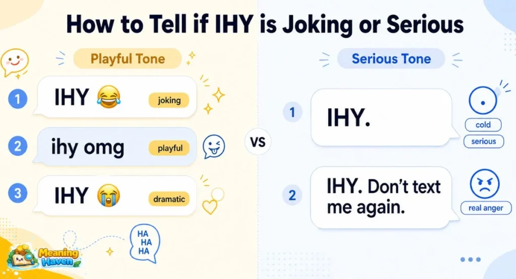 Infographic showing how to tell if IHY in text is joking or serious based on emojis and tone
