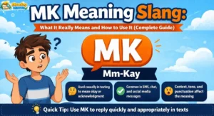 Featured blog image showing the meaning of MK in texts with examples, tone guide, and a cartoon character