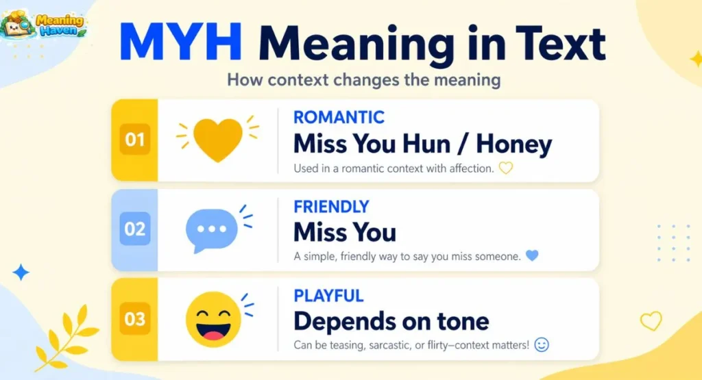 MYH meaning in text by context infographic showing romantic friendly and playful meanings
