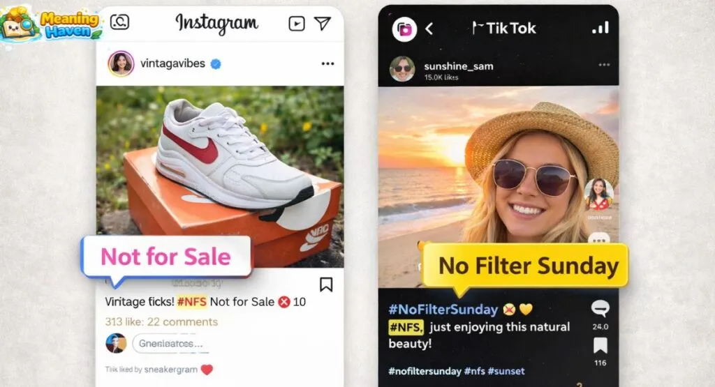 “Example Instagram and TikTok captions using NFS hashtag and No Filter Sunday”