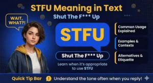 STFU Meaning in Text featured image with speech bubble and casual Gen Z character explaining the slang term STFU in texting and online culture."