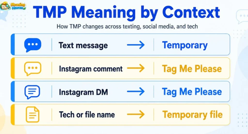 TMP meaning by context chart showing text message Instagram and tech meanings
