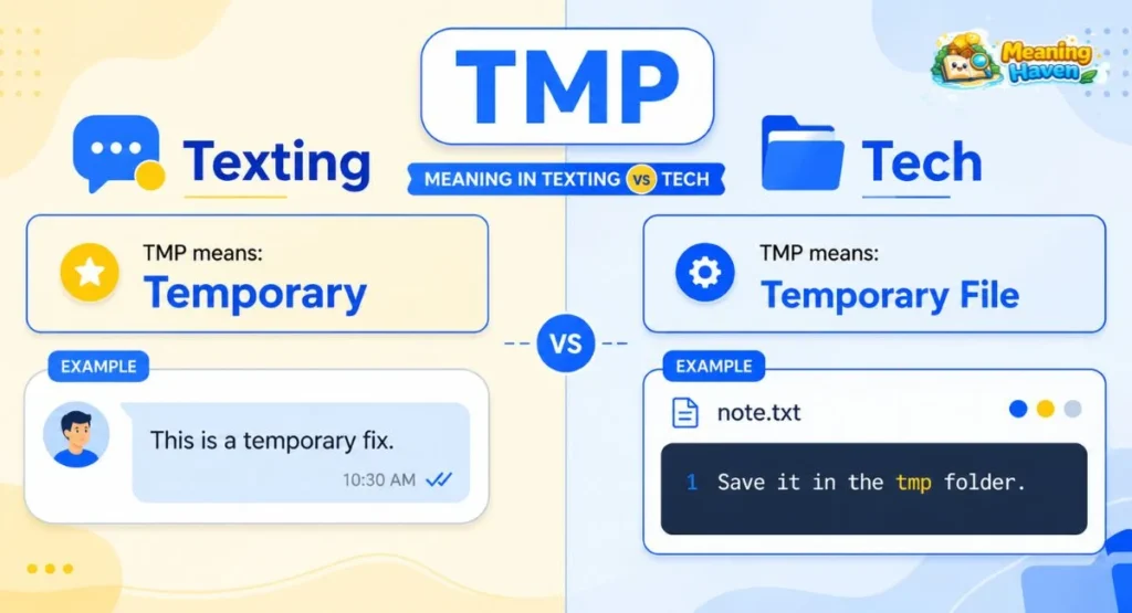 TMP meaning in texting versus tech comparison showing Temporary and temporary file
