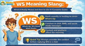 WS Meaning Slang infographic showing What’s Up, Win Streak, and Want Smoke with examples