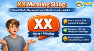 “Featured infographic showing XX meaning in text messages with usage tips, examples, and a cartoon teenager.”