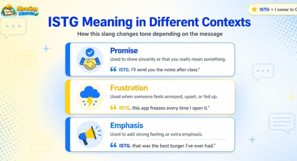 ISTG meaning in different contexts including promise frustration and emphasis