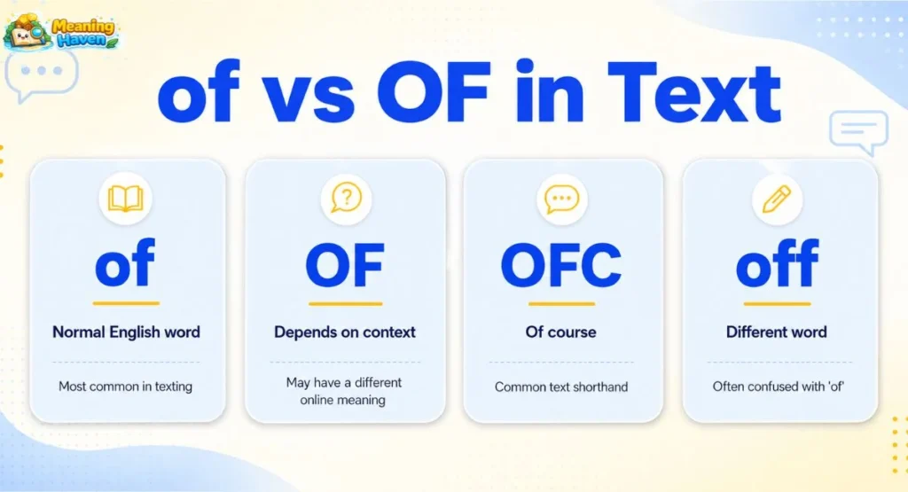 of vs OF meaning in text comparison chart showing lowercase of and uppercase OF usage
