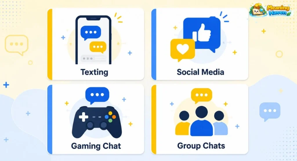 Cya in social media, texting, gaming chat, and group chats shown as flat icons