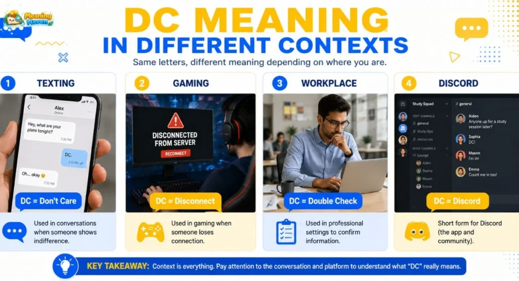 DC meaning examples in texting gaming workplace and social media conversations