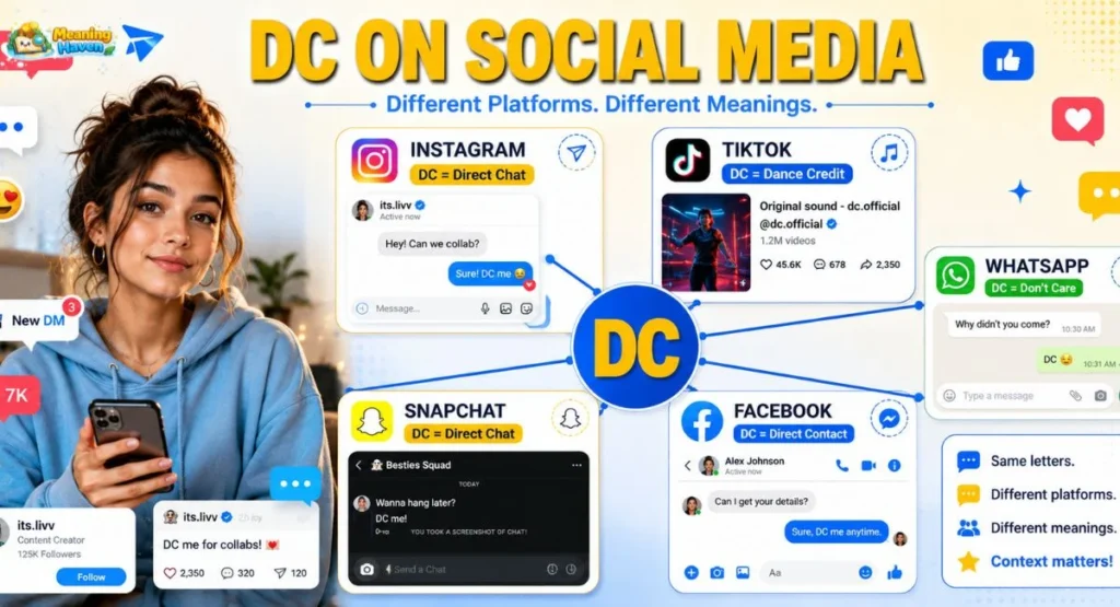 A social media-focused infographic illustrating how Instagram, TikTok, Snapchat, WhatsApp, and Facebook users interpret DC differently. The visual highlights creator credits, direct chats, private messaging, and platform-specific usage examples, helping readers understand how context changes the meaning of DC across social networks.