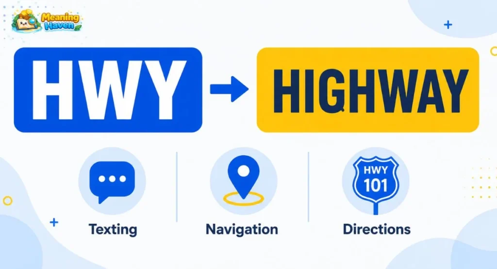 HWY abbreviation meaning — flat infographic showing HWY stands for highway used in texting, navigation, and directions