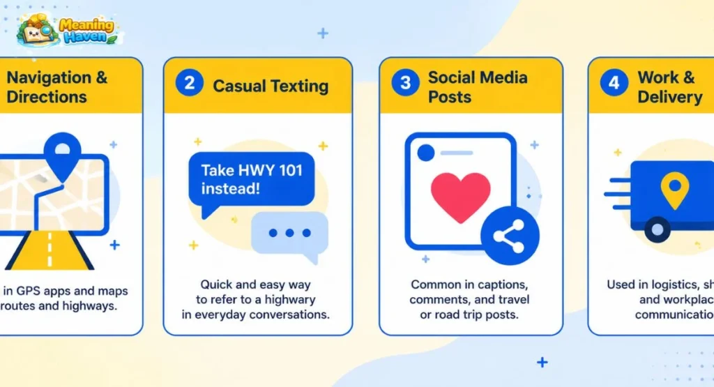 HWY in texting — four usage context cards showing HWY used in navigation, casual texting, social media, and delivery communication