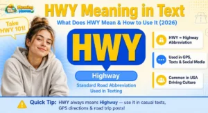 HWY meaning in text — infographic showing HWY stands for highway with a Gen Z character explaining the abbreviation