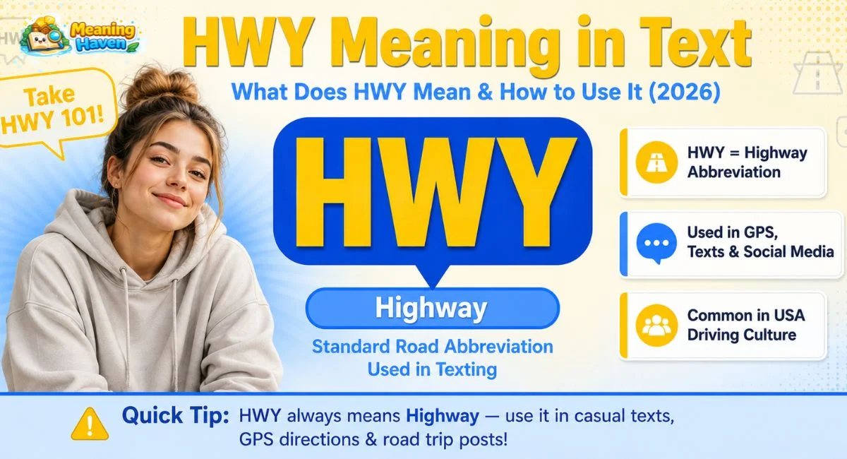 HWY meaning in text — infographic showing HWY stands for highway with a Gen Z character explaining the abbreviation