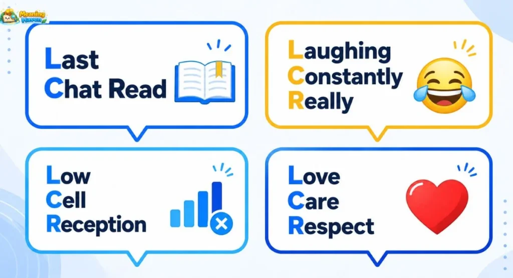 Infographic showing four meanings of LCR abbreviation — Last Chat Read, Laughing Constantly Really, Low Cell Reception, Love Care Respect