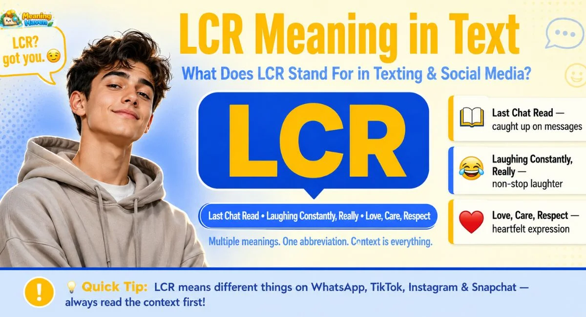 LCR meaning in text — infographic showing what LCR stands for in texting and social media