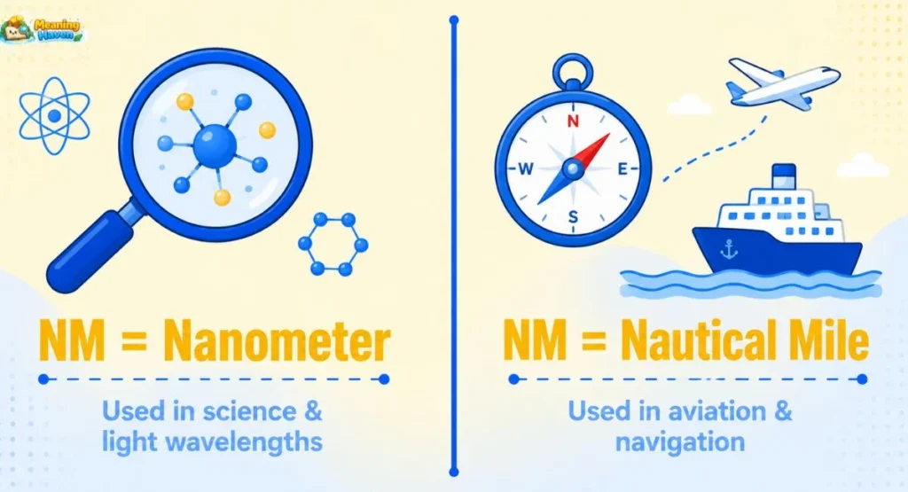 NM abbreviation meaning in science as nanometer and in aviation as nautical mile"