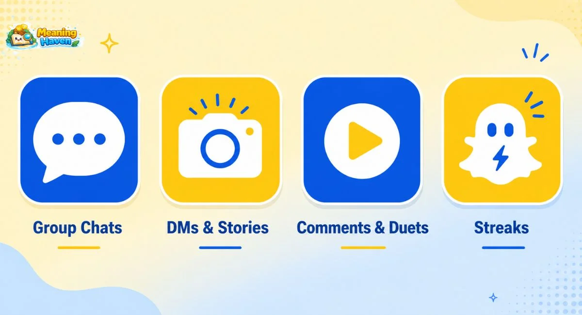 TTYL usage across WhatsApp Instagram TikTok and Snapchat shown as a flat icon comparison graphic