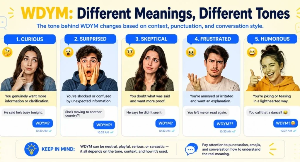 Different meanings and emotional tones of WDYM in texting