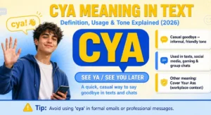 CYA meaning in text explained with a young person waving goodbye and a speech bubble showing the abbreviation