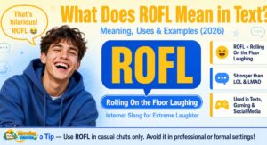 What does ROFL mean in text - young person laughing at phone with ROFL speech bubble