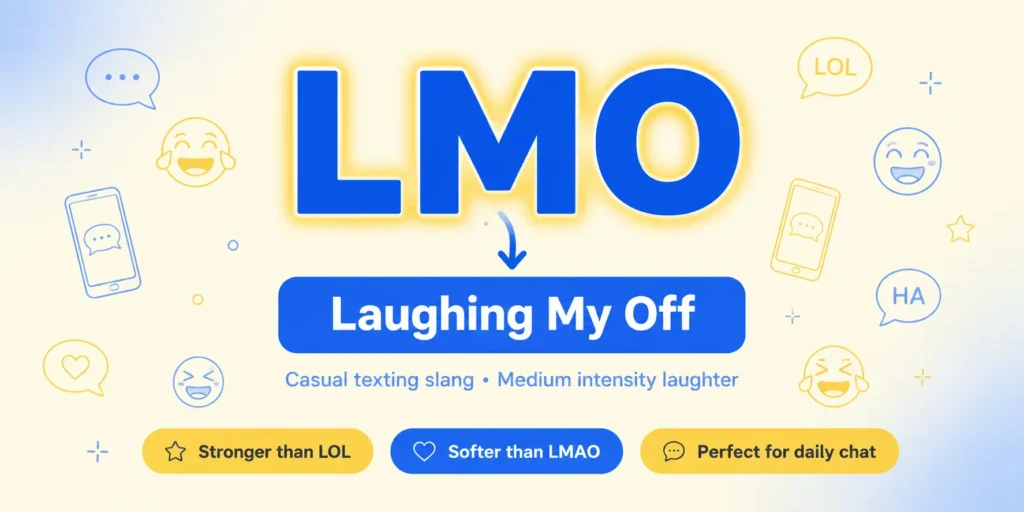 Quick visual guide showing LMO meaning as Laughing My Off in text messages and chat