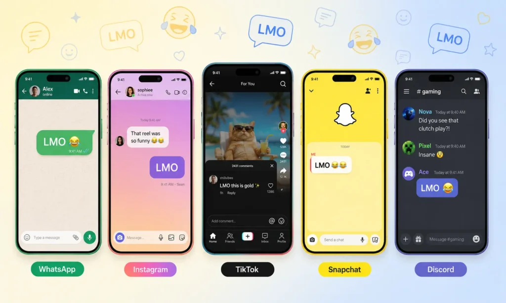 LMO meaning shown across different social media platforms including WhatsApp, Instagram, TikTok, Snapchat, and Discord