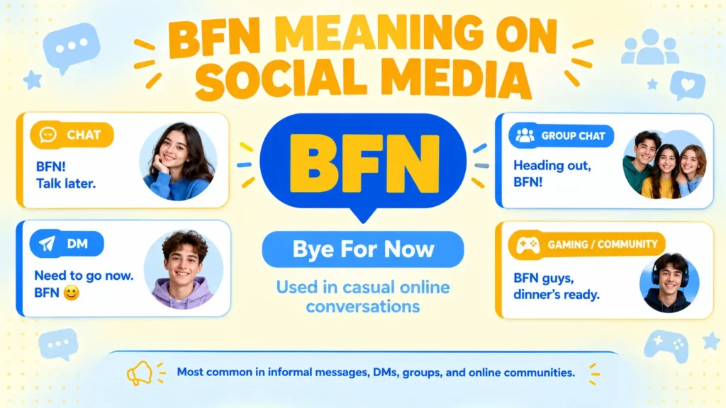 BFN meaning on social media showing Bye For Now in chats, DMs, group chats, and gaming
