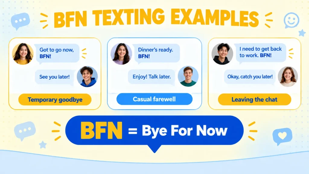 BFN texting examples showing how Bye For Now is used in casual conversations