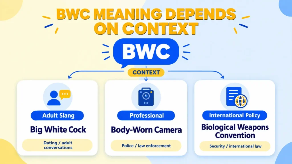 BWC meanings comparison for adult slang, Body-Worn Camera, and Biological Weapons Convention