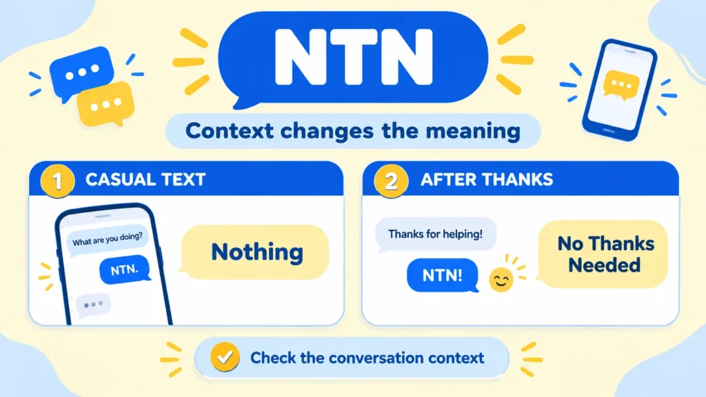 NTN meaning comparison showing Nothing and No Thanks Needed in text conversations