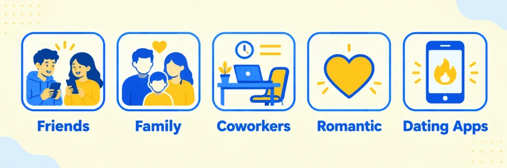 Icon row showing where tuh gets used across friends, family, coworkers, romantic partners, and dating apps