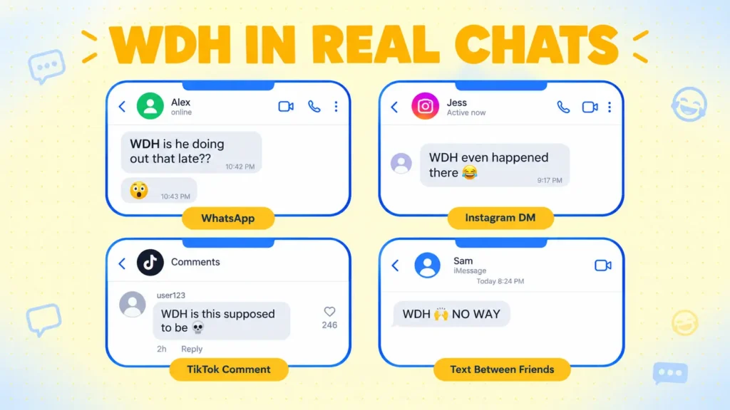 A 2x2 grid of four stylized phone screens, each showing a different realistic WDH chat example labeled by platform — WhatsApp, Instagram DM, TikTok comment, and a plain text between friends.