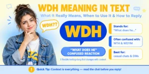 Featured graphic explaining WDH meaning in text with a confused Gen Z character and a speech bubble showing WDH
