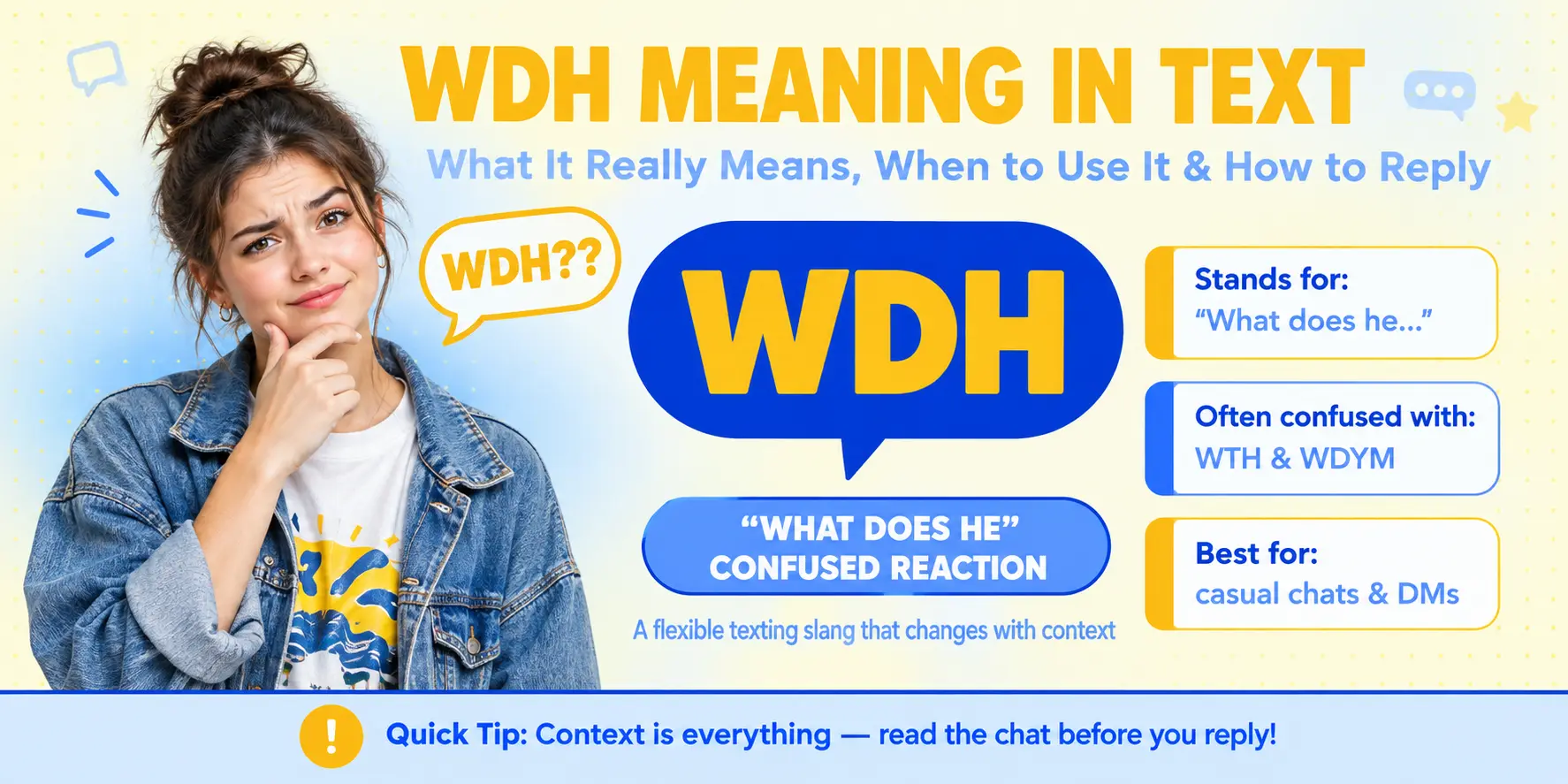 Featured graphic explaining WDH meaning in text with a confused Gen Z character and a speech bubble showing WDH